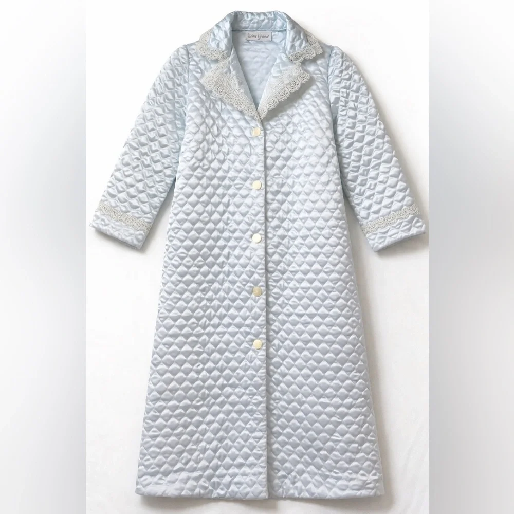 Vintage Dior Junior Quilted Satin‎ Lace Trim Robe Coat Light Blue Hostess 1960s